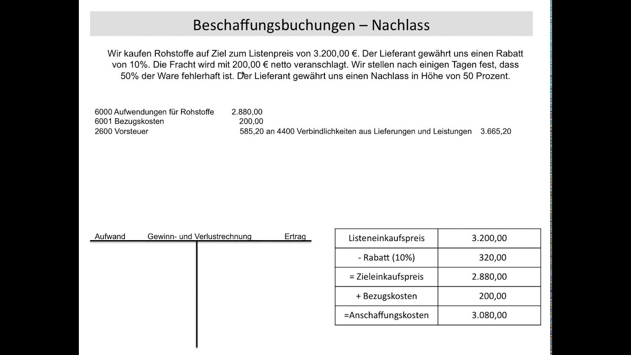 Buchung Beschaffung, Nachlass, Nachlässe, Ausgleich Vorsteuer, Einkaufsbuchung (FOS / BOS)