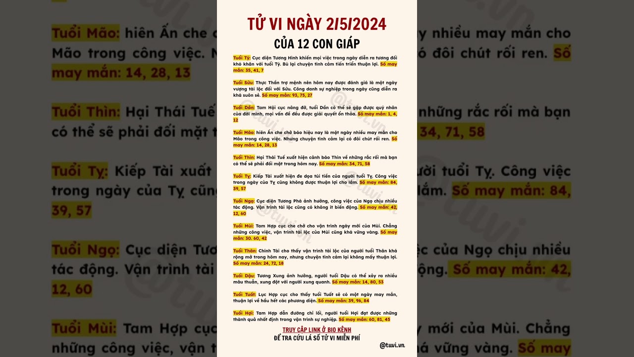 Tử vi ng&agrave;y 2/5 #tuvivn #tuvivietnam #phongthuy #tamlinh #tuvi2024 #tuvingaymoi #tuvi12congiap