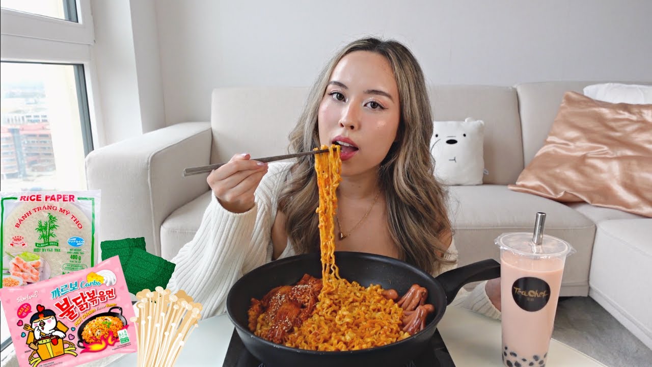 Spicy Noodle Carbonara Mukbang | Enoki Mushroom, Seaweed, Spicy Noodle Rice Paper