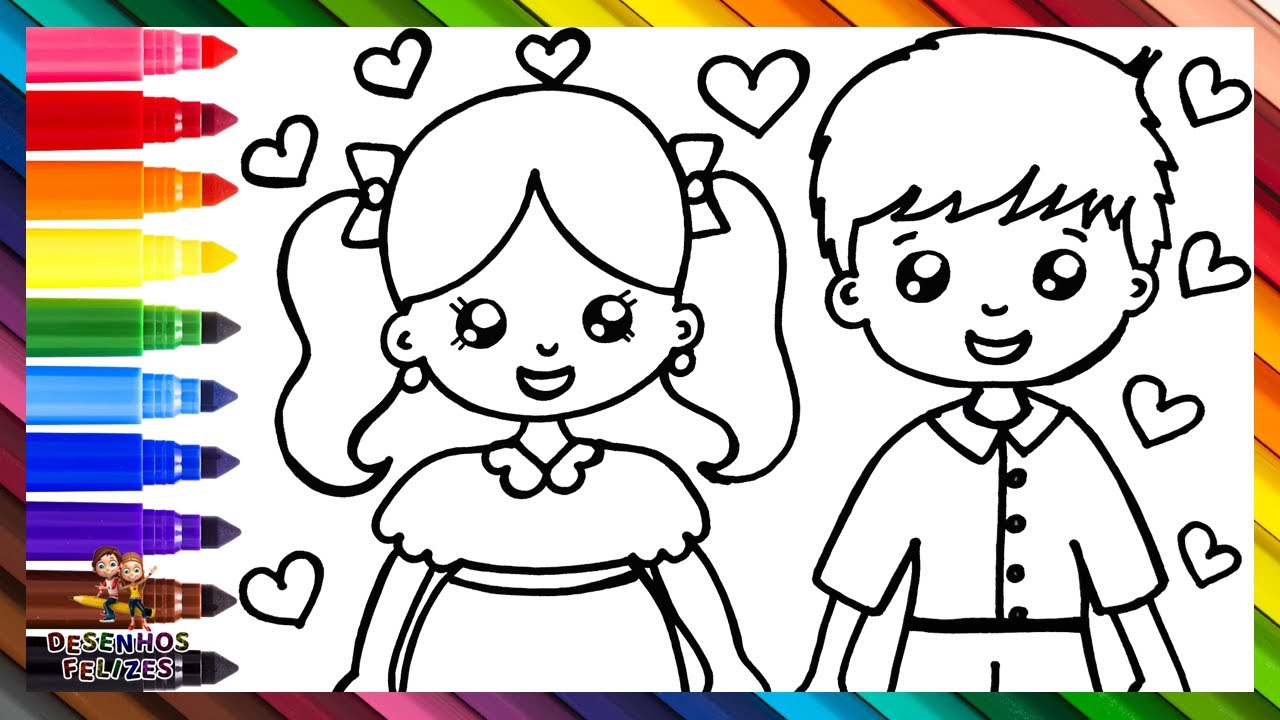Desenhar e Colorir Crianças: Um Menino e Uma Menina 👦💖👧🌈 Desenhos para Crianças