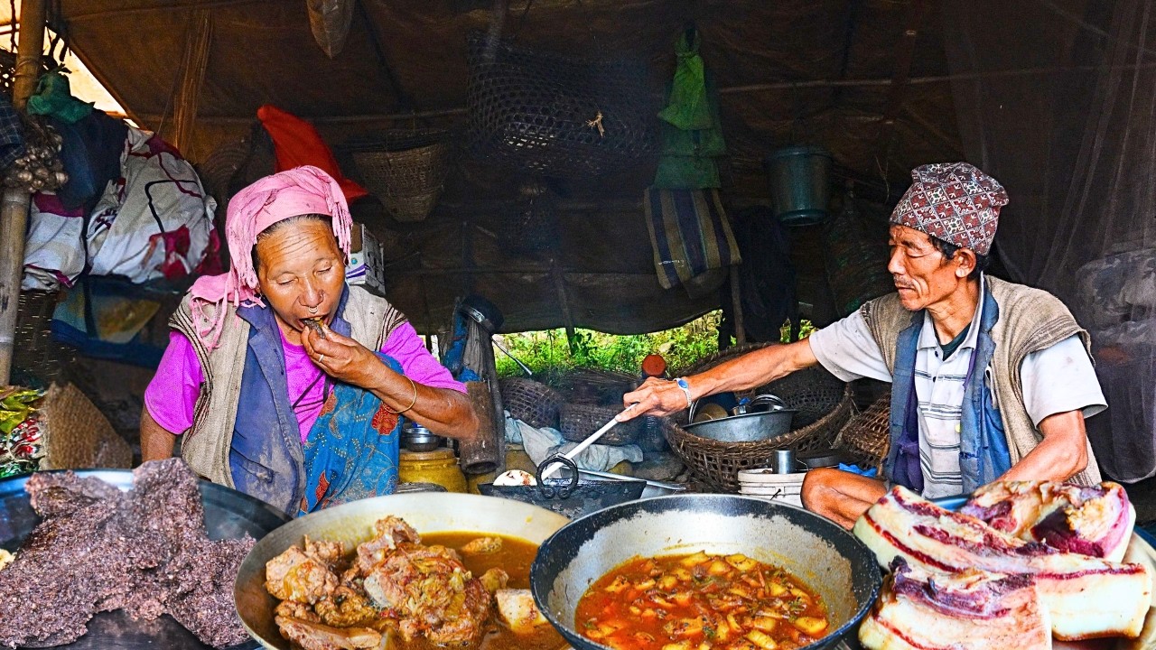 Real Mountain Life in Nepal | Smoky Pork Curry & Millet Dhido cooking