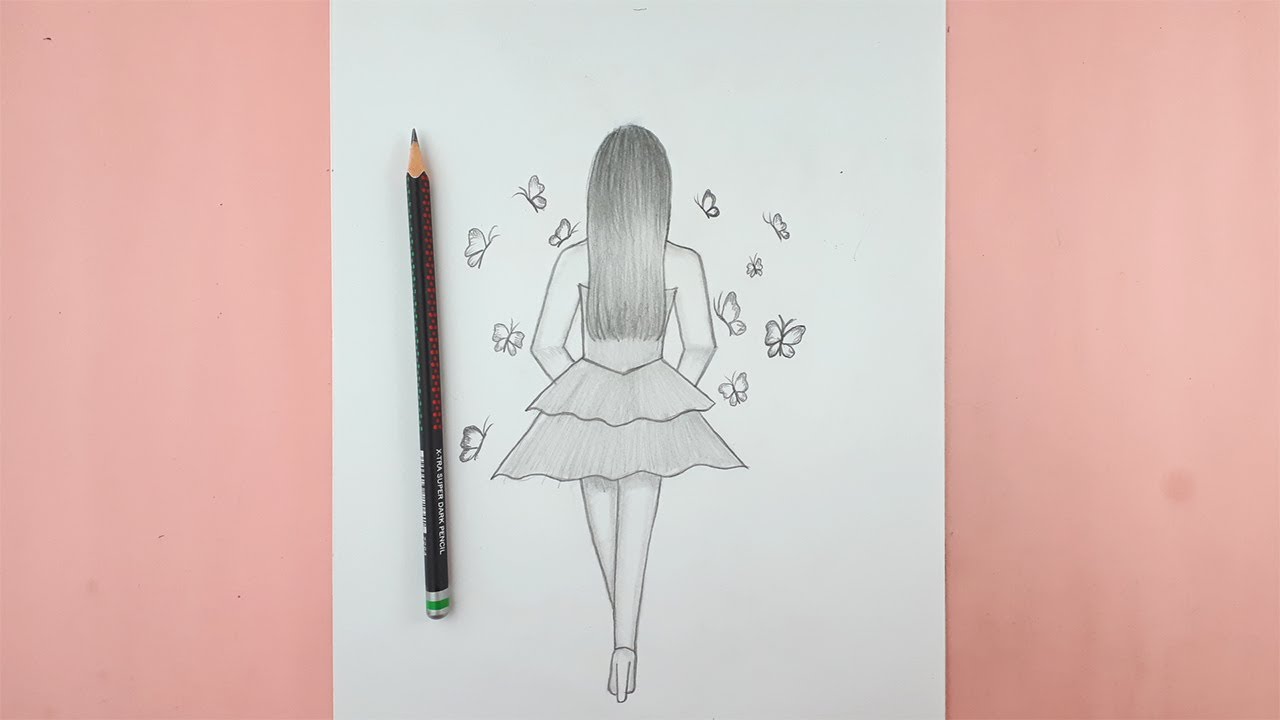 Very easy girl with butterfly drawing for beginners || Girl sketch with pencil || Drawing easy