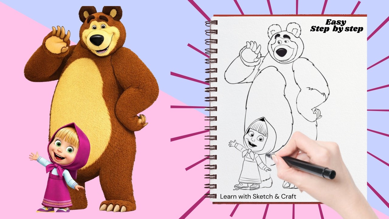 Как нарисовать Машу и Медведя 🐻👧 | Простой пошаговый урок рисования для детей