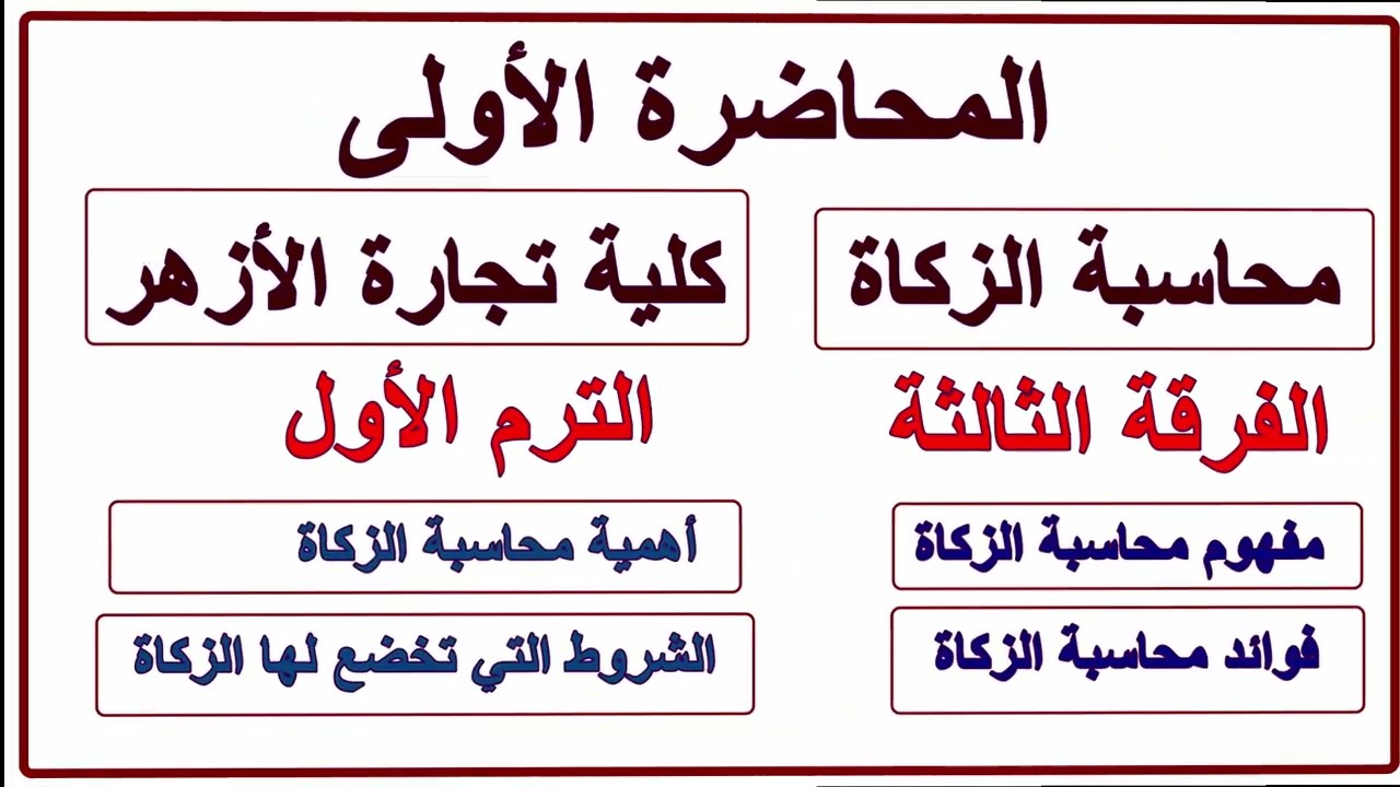 شرح المحاضرة 1 | محاسبة الزكاة ثالثة كلية تجارة الأزهر | مفهوم محاسبة الزكاة - أهميتها - شروط الزكاة