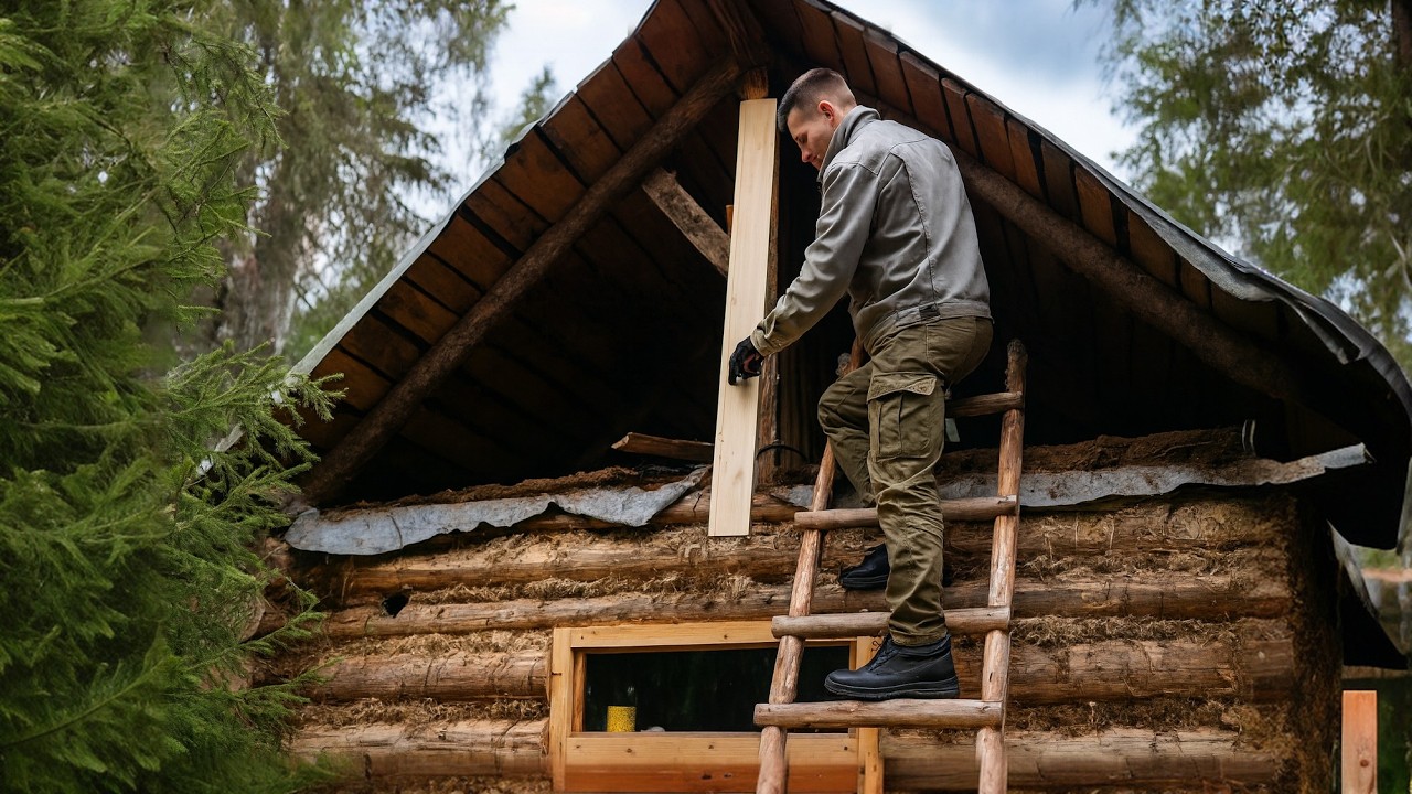 Building a Cozy Off-Grid Log Cabin in the Forest