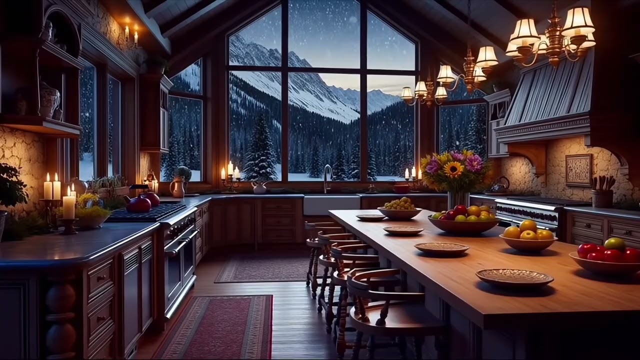 Luxury Cozy Kitchen with Snowy Mountains ❄️ Relaxing Music, Fire & Wind Sounds for Sleep