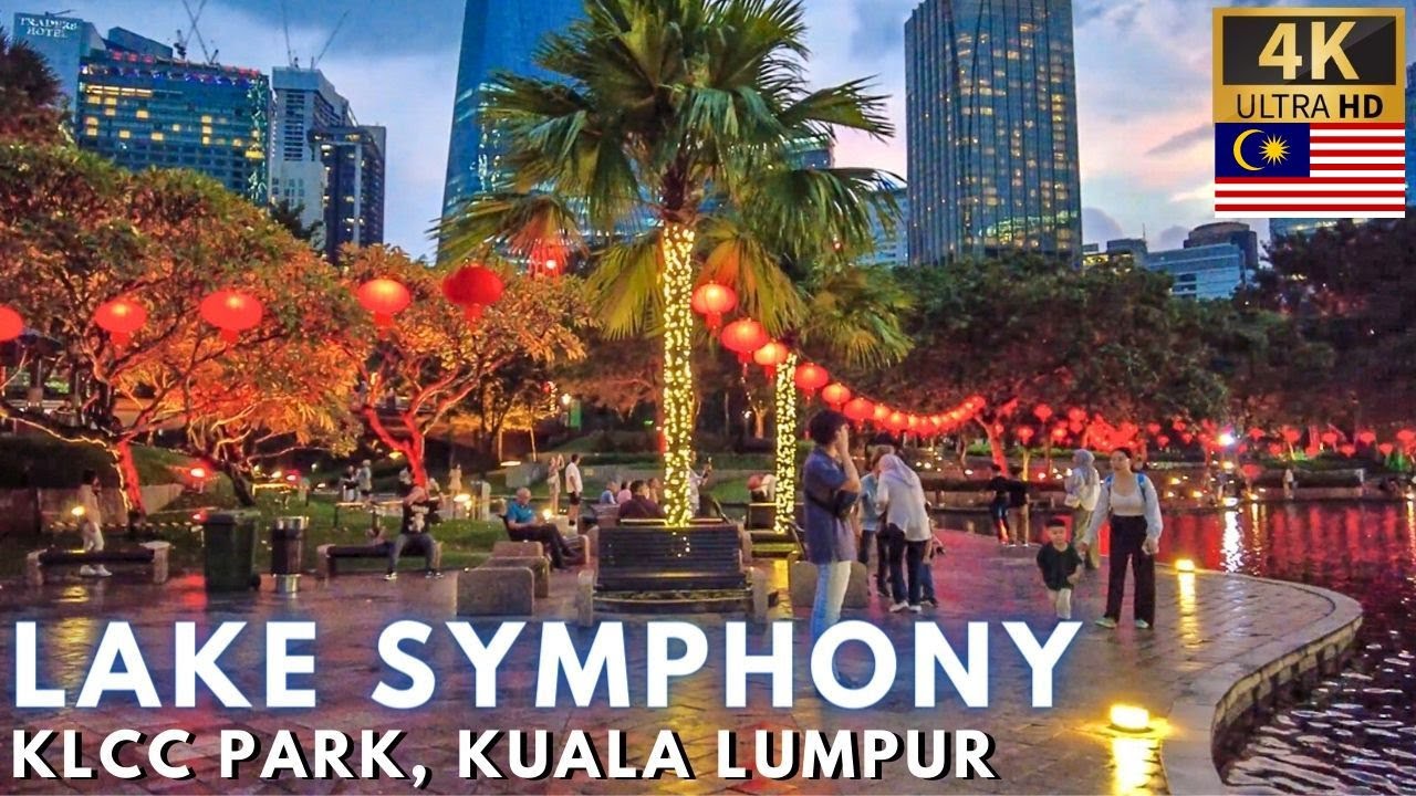 KLCC PARK Water Fountain Show at LAKE SYMPHONY [4K Walk] Kuala Lumpur MALAYSIA - February 2024