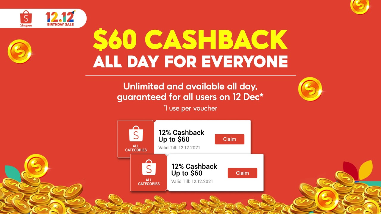 $60 cashback all day for everyone this Shopee 12.12 Birthday Sale!  🎉
