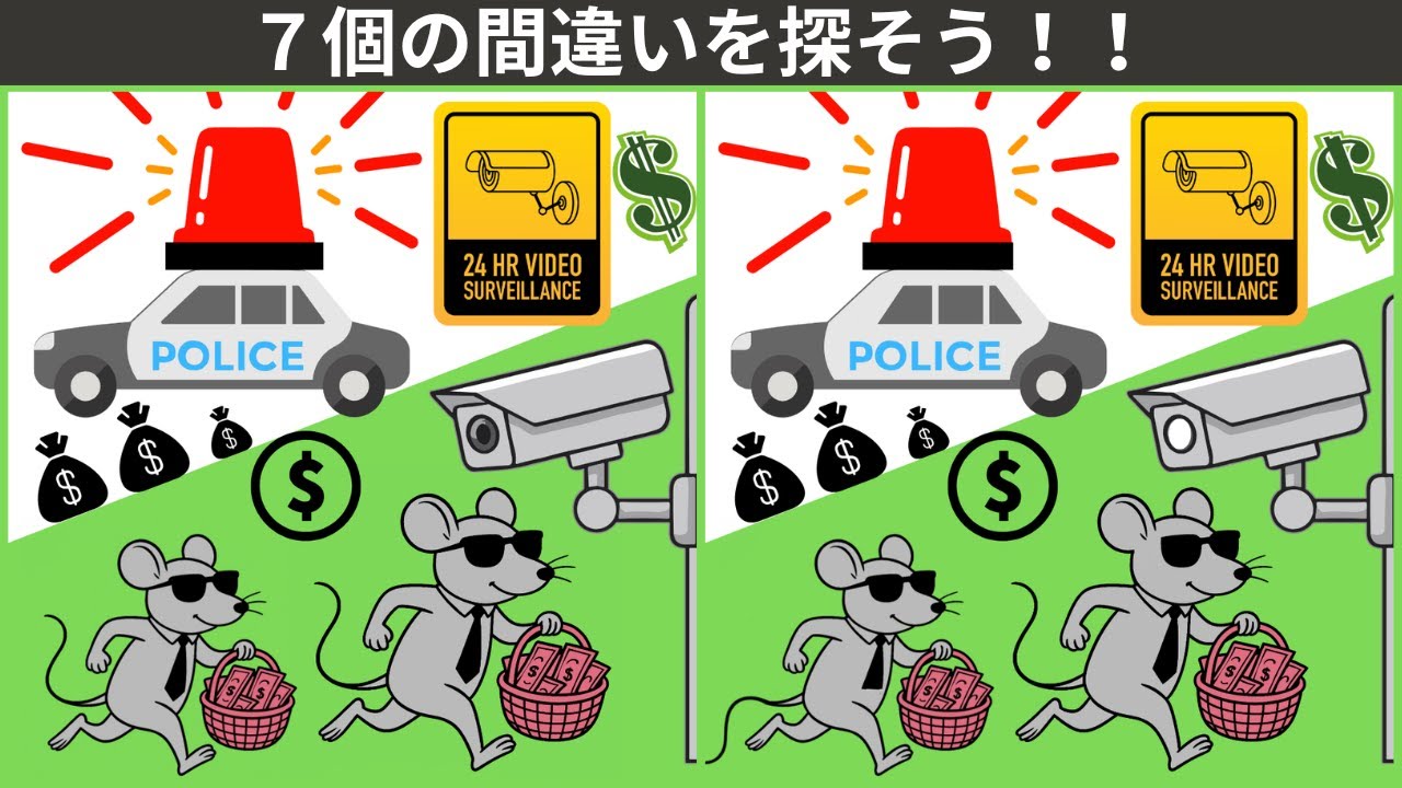 【大人の間違い探し】60歳70歳80歳。認知機能向上・記憶力アップにつながる間違い探しクイズ。頭をフル回転して脳トレ体操。高齢者向け。ネズミ泥棒🐀のイラスト編。【777を目指せ】　＃76