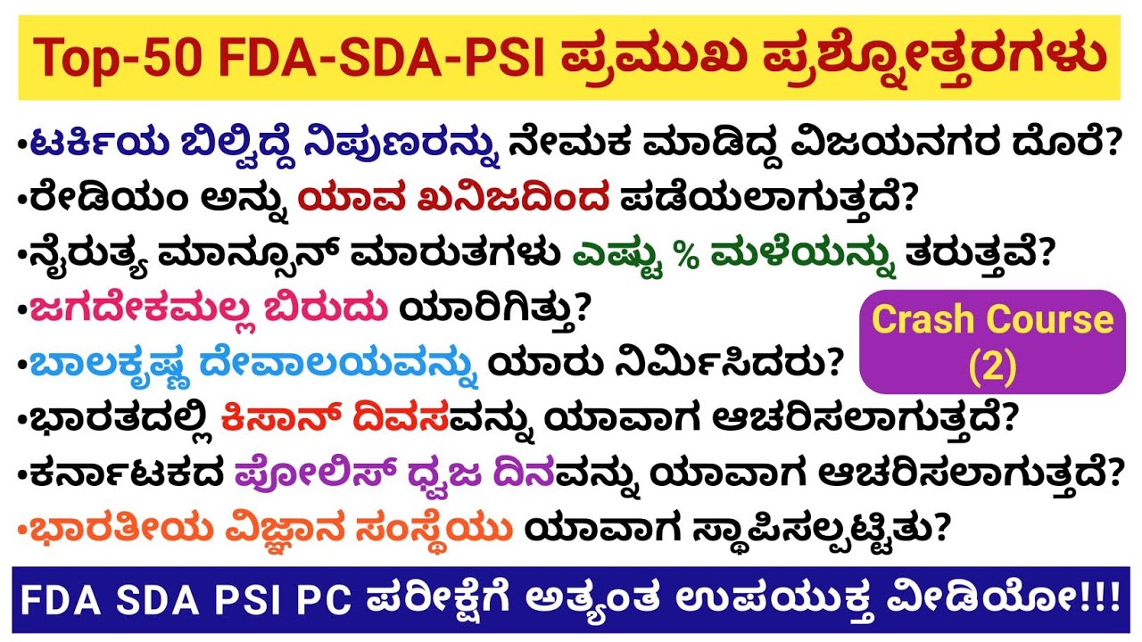 [Crash Course-2] Top-50 GK QUESTIONS in Kannada For FDA SDA PSI PC KSRP 2021 | ಪ್ರಮುಖ ಪ್ರಶ್ನೋತ್ತರಗಳು