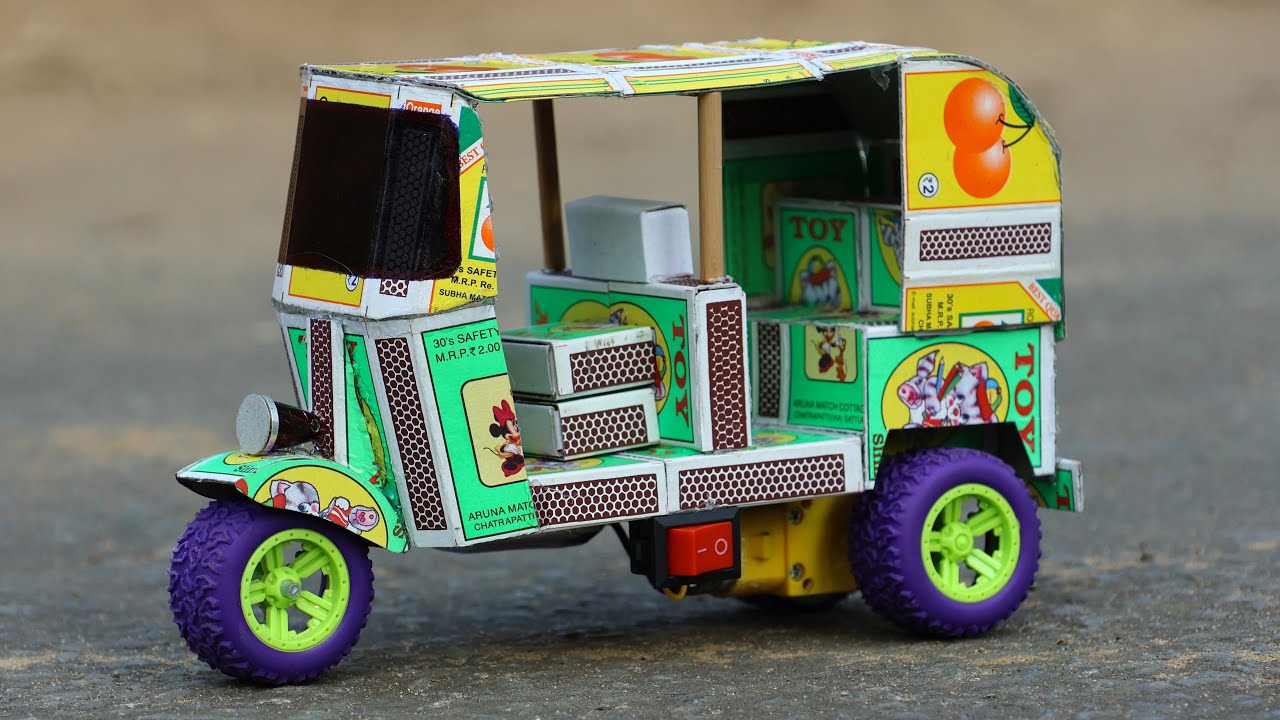 How to make Matchbox Auto Tempo Rickshaw at home - DIY matchbox electric Rickshaw using DC motor