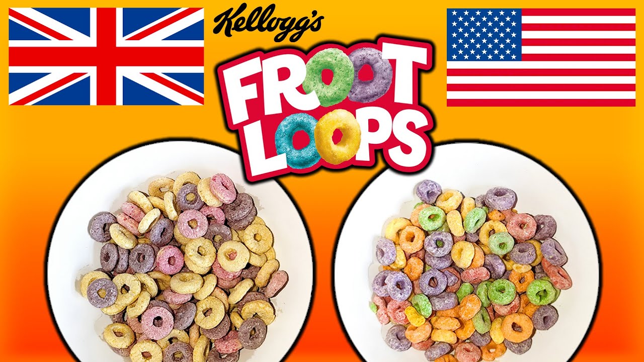 Kellogg's Froot Loops: версия в Великобритании и США (версия в Великобритании картонная, поэтому ...