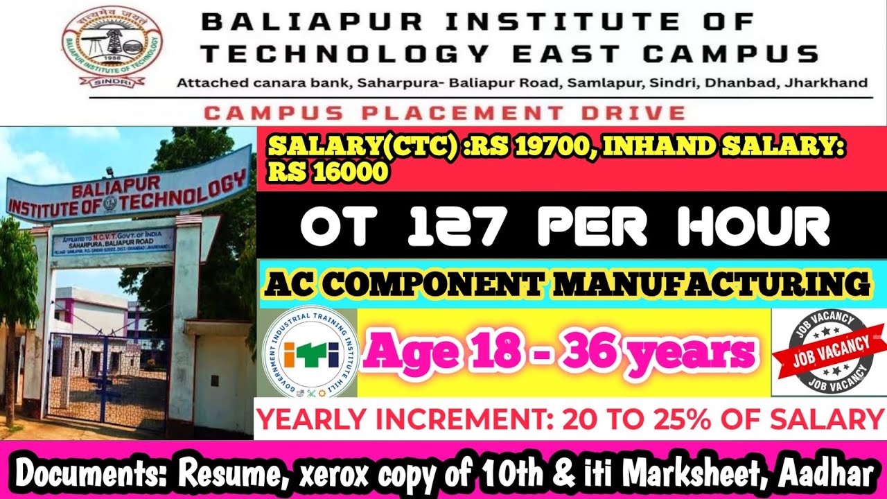 Campus Placement High Salary Dhanbad || ITI Job Vacancy 2025 || Age 18 TO 36 Year || Fresher Jobs ||