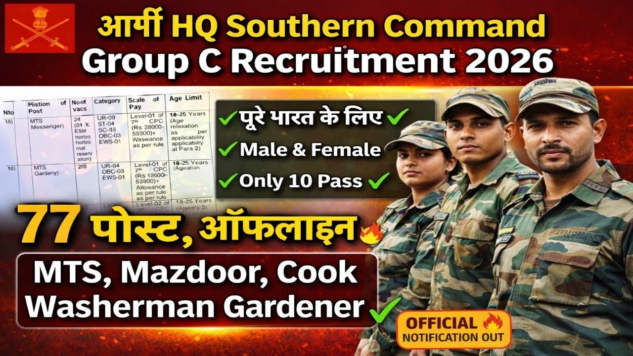 ARMY HQ Southern Command भर्ती 2026 ! Notification 10th Pass ✅ Indian Army Group C New Vacancy 2026