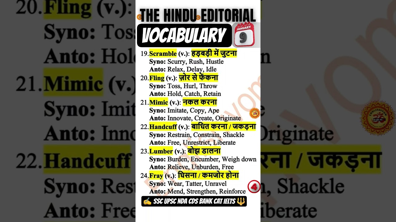 The Hindu Editorial Vocab: 6 TOP Words with Hindi Meaning | 09 January 26 | UPSC SSC IELTS BANK CAT