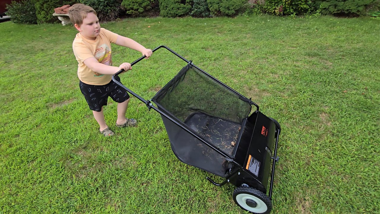 Our New Lawn Sweeper!  Who needs a MOWER? | Yard Work videos for kids