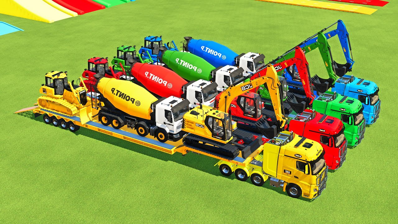 TRANSPORTING EXCAVATOR, MIXER TRUCK, BULLDOZER, POLICE CARS TO GARAGE WITH MAN TRUCK - FS22