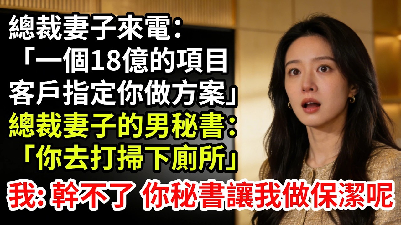 總裁妻子來電：「剛接觸一個18億的項目，客戶指定你做方案」，剛掛電話，總裁妻子的男秘書就指揮我去打掃下廁所，我回撥電話：「幹不了，你秘書讓我做保潔呢！」【夜半心聲】#男頻小說#都市#故事#小說#爽文