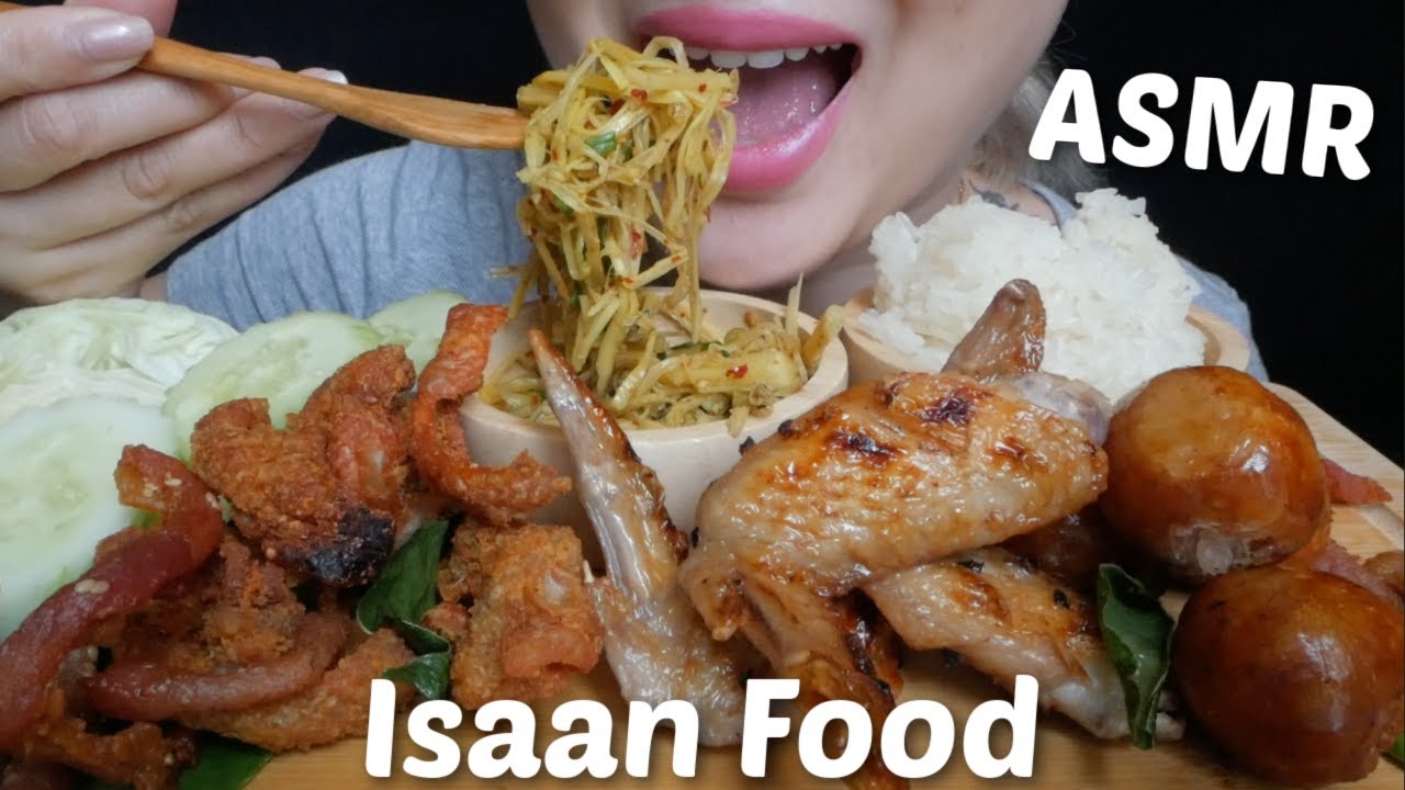 Isaan Food *Spicy Bamboo shoots, Sun dried Pork, Isaan Sausages with Grill Chicken Wing Eating Sound