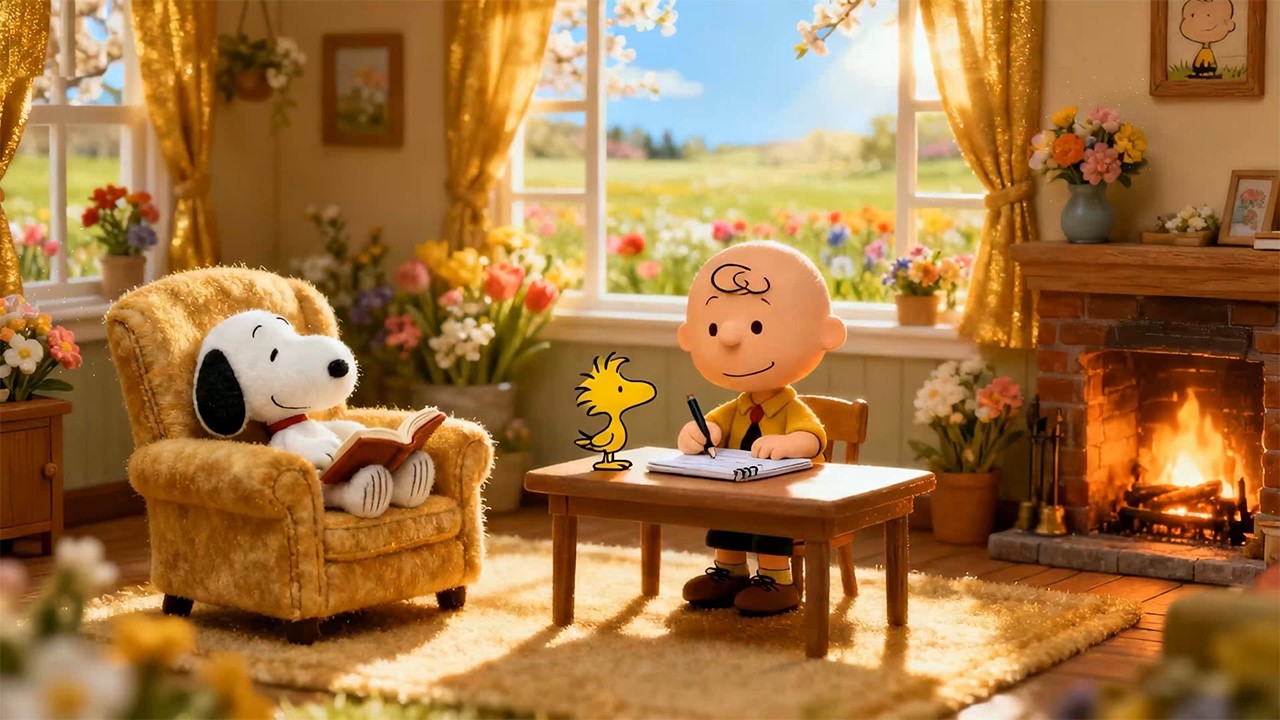 🌸 Snoopy’s Cozy Spring Living Room 🔥 Gentle Lofi for Focus & Calm