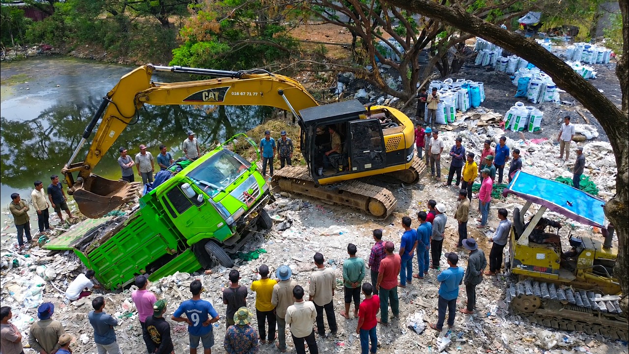 INCREDIBLE LANDFILL! 5Ton Dump Truck Stuck While Reversing  Excavator & Bulldozer Rescue Mission