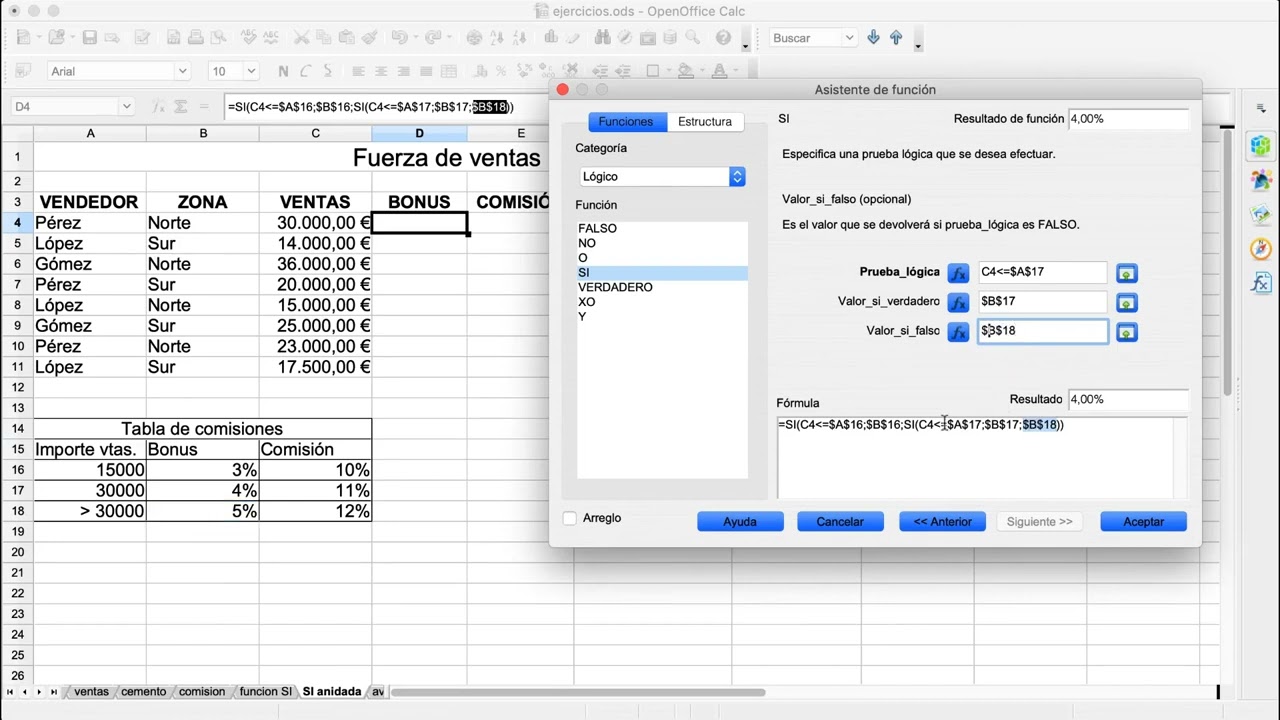 OpenOffice Calc: Uso de funciones SI anidadas | 7/8 | UPV