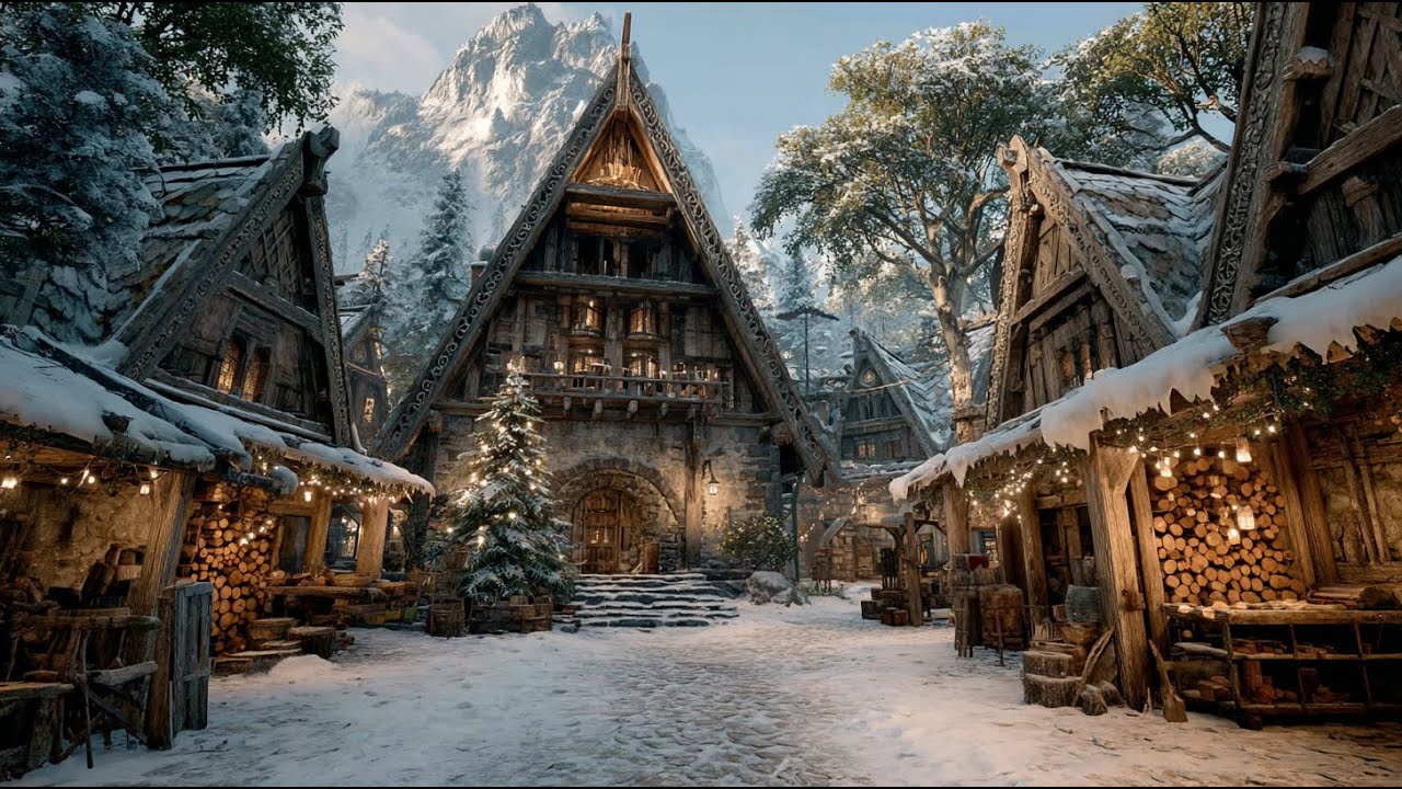 Christmas Fantasy – Snowy Mountain Village | Medieval Fantasy Music & Animated Ambience 🎄