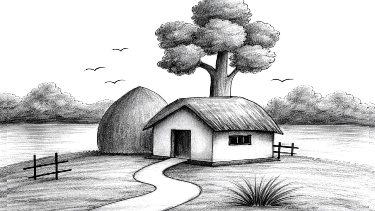 How to Draw Village Scenery with Pencil Sketch || Nature Pencil Drawing for Beginners