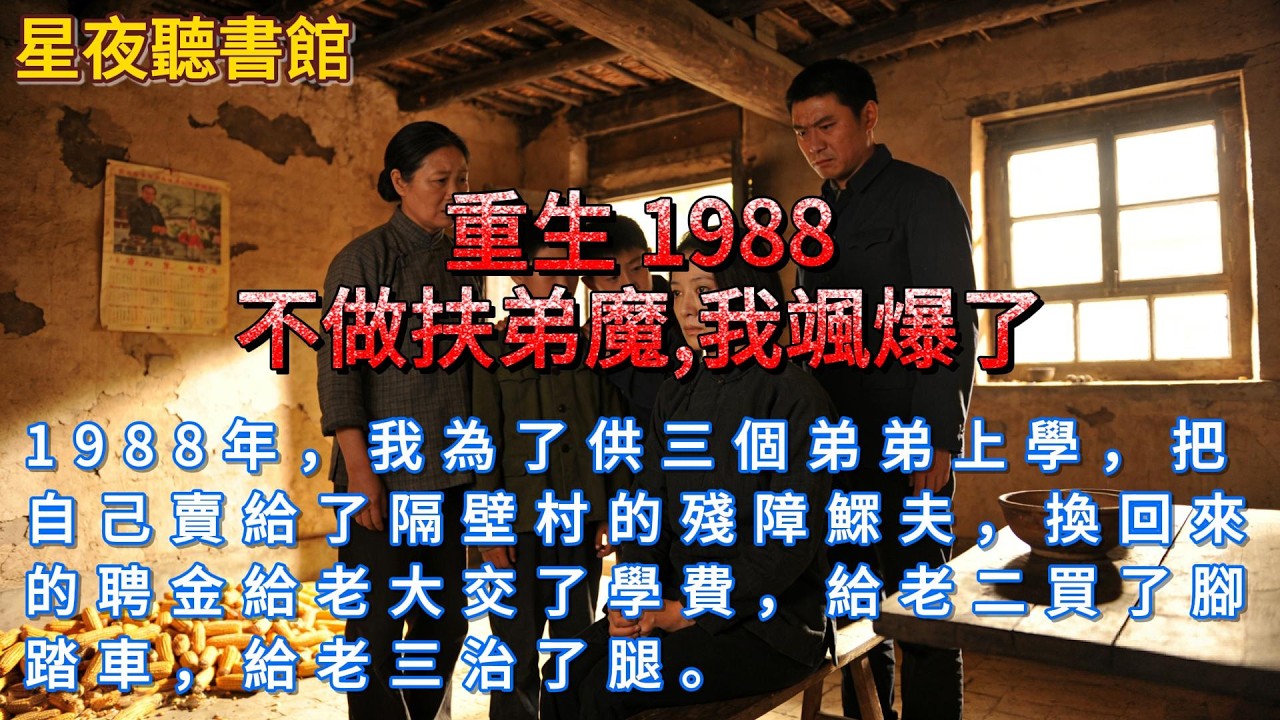 《重生 1988：不做扶弟魔，我颯爆了》1988年，我為了供三個弟弟上學，把自己賣給了隔壁村的殘障鰥夫，換回來的聘金給老大交了學費。#chinese story reading #一口氣看完 #重生