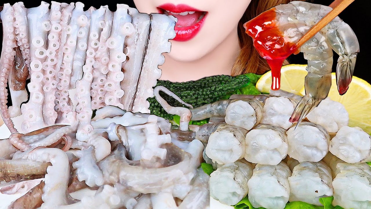 ASMR RAW SHRIMP, OCTOPUS, SEA GRAPES, FIRE SAUCE EATING SOUNDS MUKBANG 생새우, 낙지, 바다포도, 불닭소스 먹방 咀嚼音