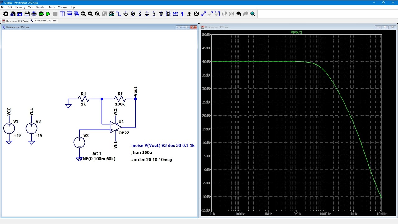 LTSpice. Simulación de la respuesta en frecuencia para un amplificador no-inversor.