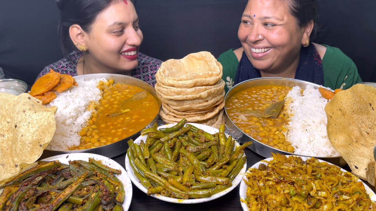 Eating😋Chole Chawal, Beans Fry, Bhindi Fry, Patta Gobhi Fry, Puri, Papad,Rasgullla ll Foodie Gd ll