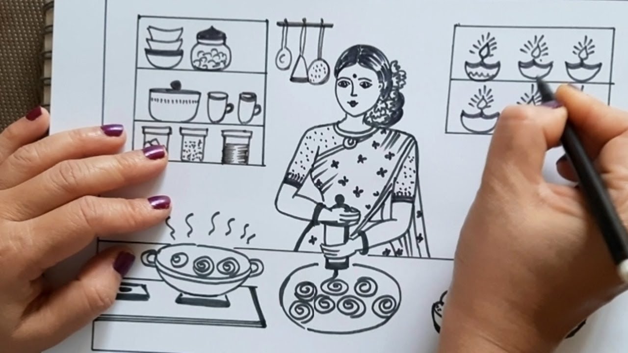 Mother cooking drawing | Kitchen room drawing | Mom cooking diwali snacks line drawing