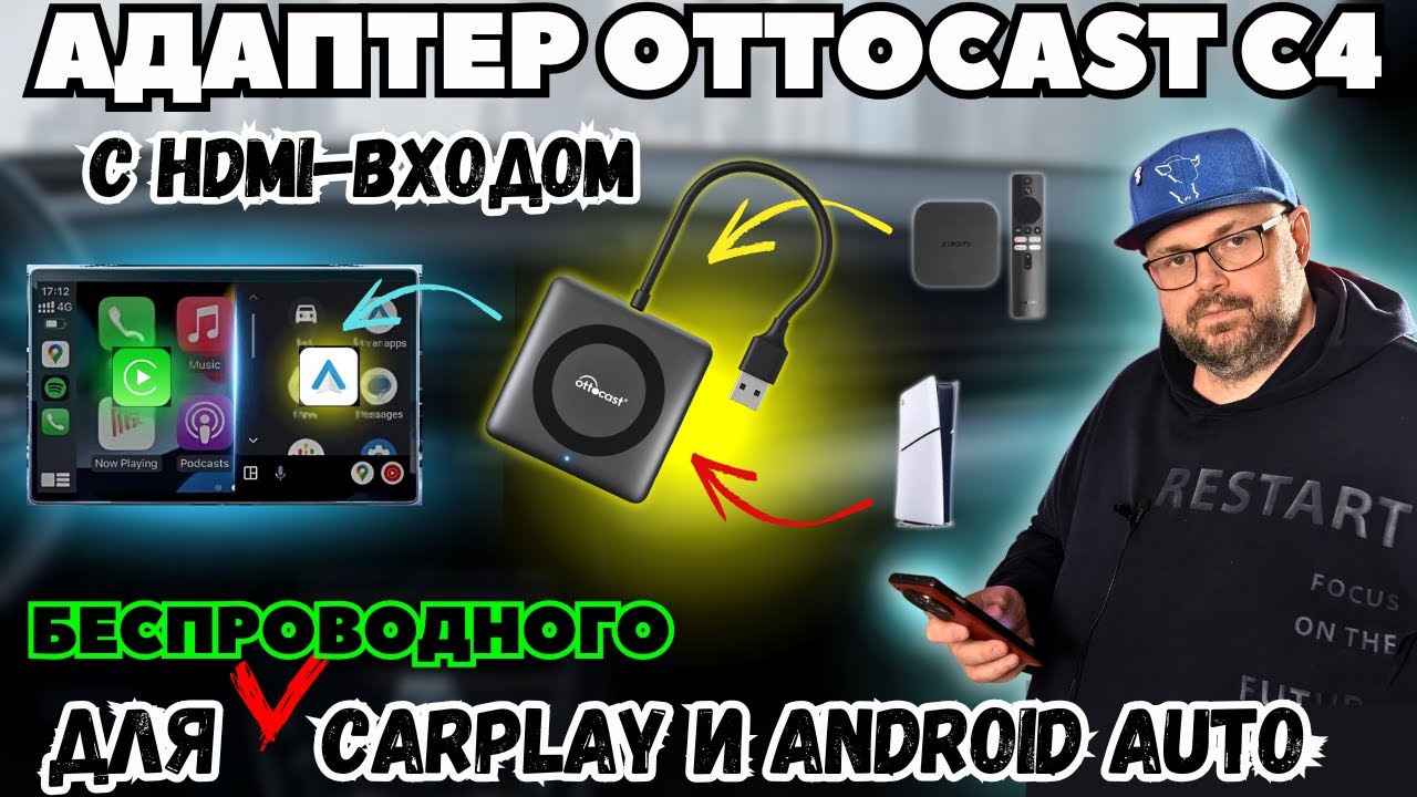 АДАПТЕР OTTOCAST C4 С HDMI-ВХОДОМ ДЛЯ БЕСПРОВОДНОГО CARPLAY, ANDROID AUTO І ПОДКЛЮЧЕНИЕМ ТВ БОКСА