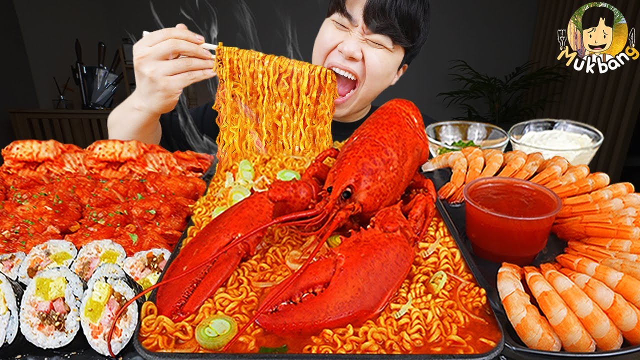 ASMR MUKBANG | Острая лапша с лобстером, жареные креветки, кимбап корейский звук еды!