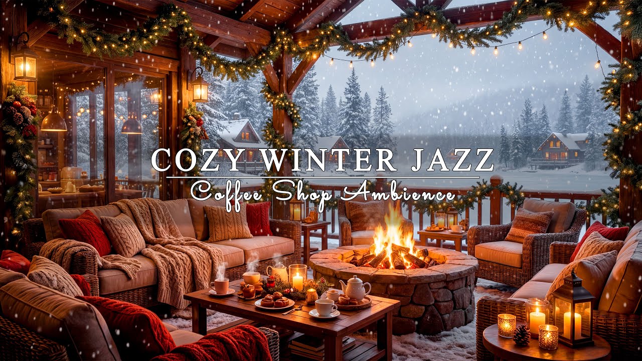 Cozy Winter Jazz Cafe ❄️ Warm Fireplace & Coffee Shop Ambience Music