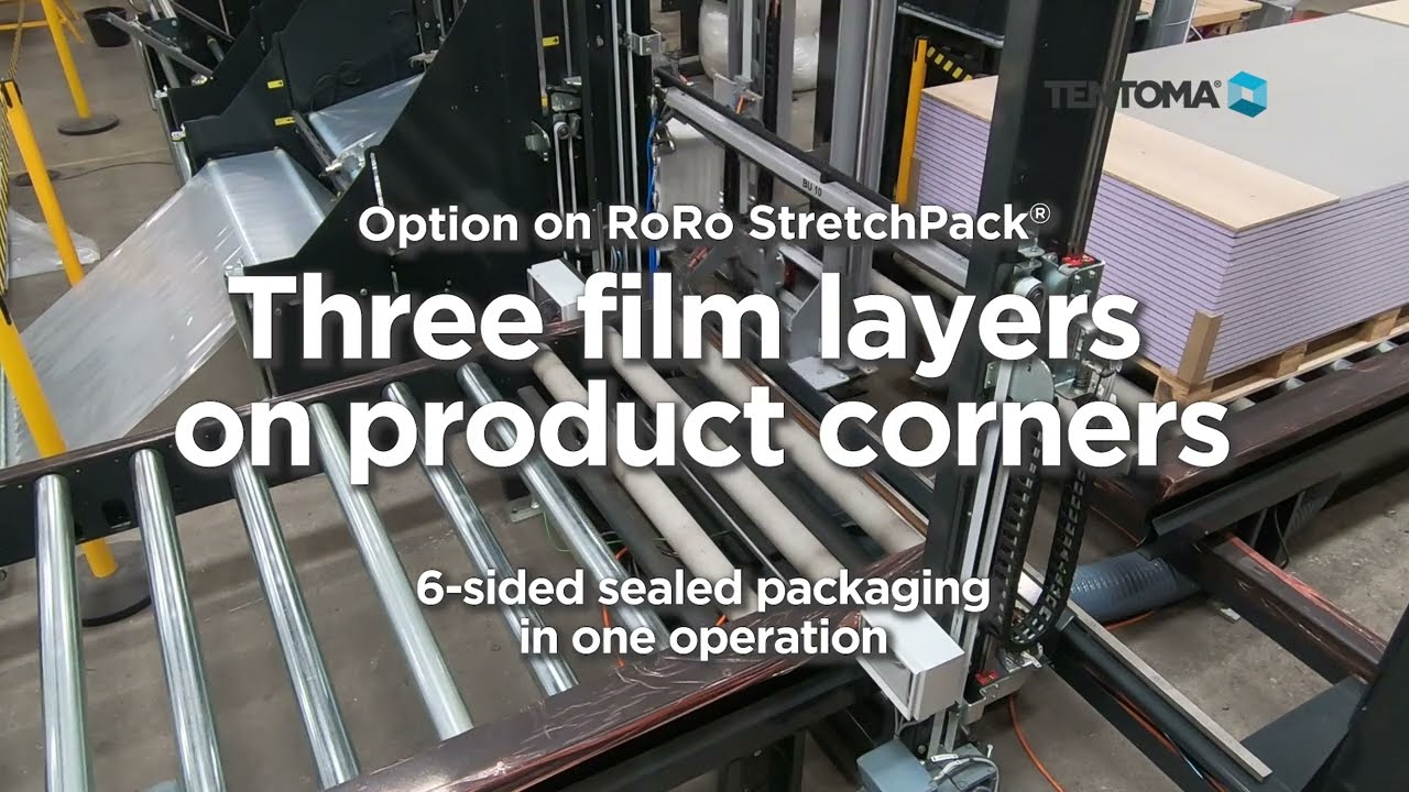 Three layers of packaging film on sharp product corners