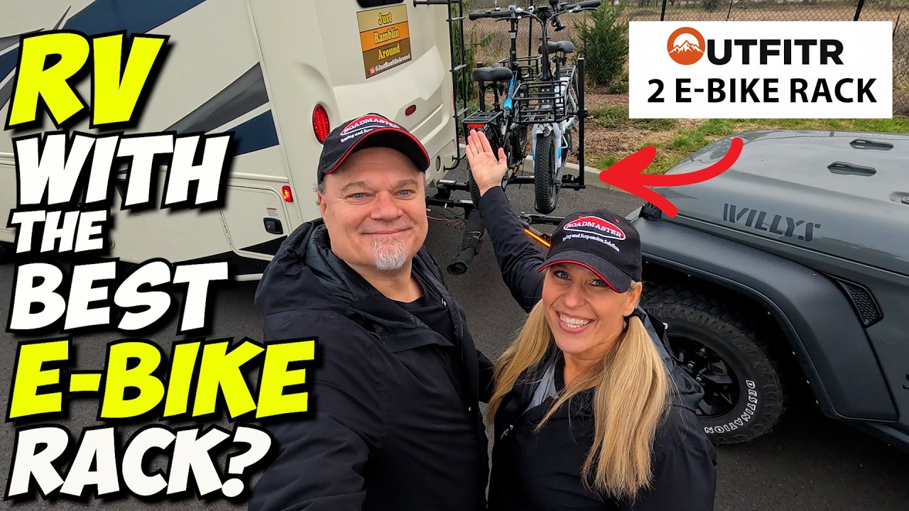 BEST E-BIKE RACK for RVs? SAFELY FLAT TOW CAR & 2 E-BIKES BEHIND RV W/OUTFITR!