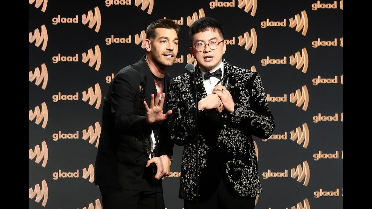 Matt Rogers and Bowen Yang receive the Stephen F. Kolzak Award at the GLAAD Media Awards
