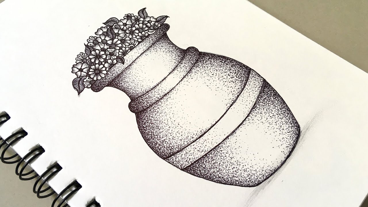 How to draw flower pot with dotted texture [Stippling Drawing]