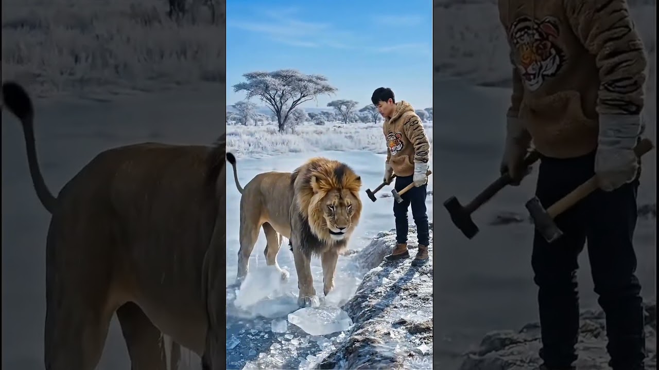 Frozen Lion Saved at the Last Moment in Extreme Cold 