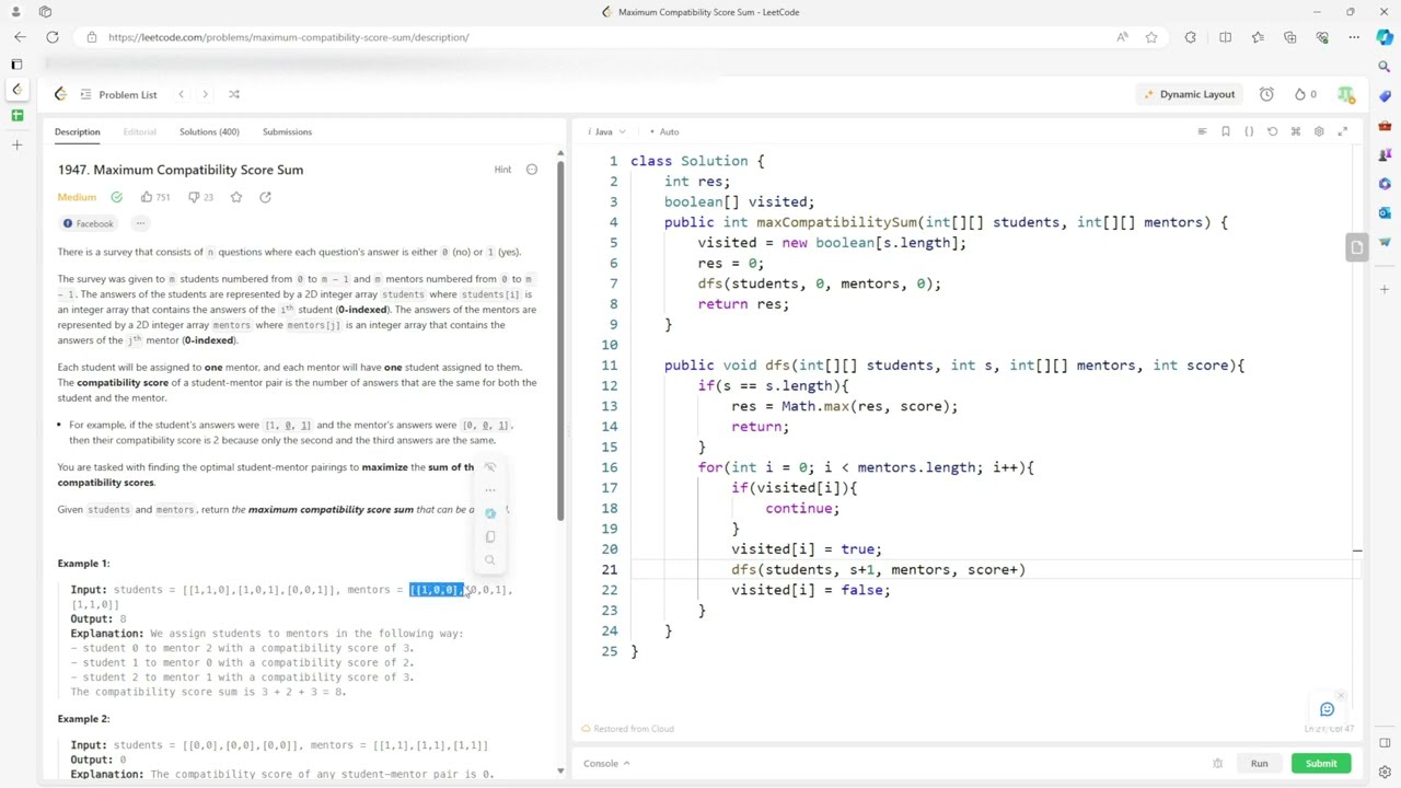 LeetCode 1947 | Maximum Compatibility Score Sum | Java