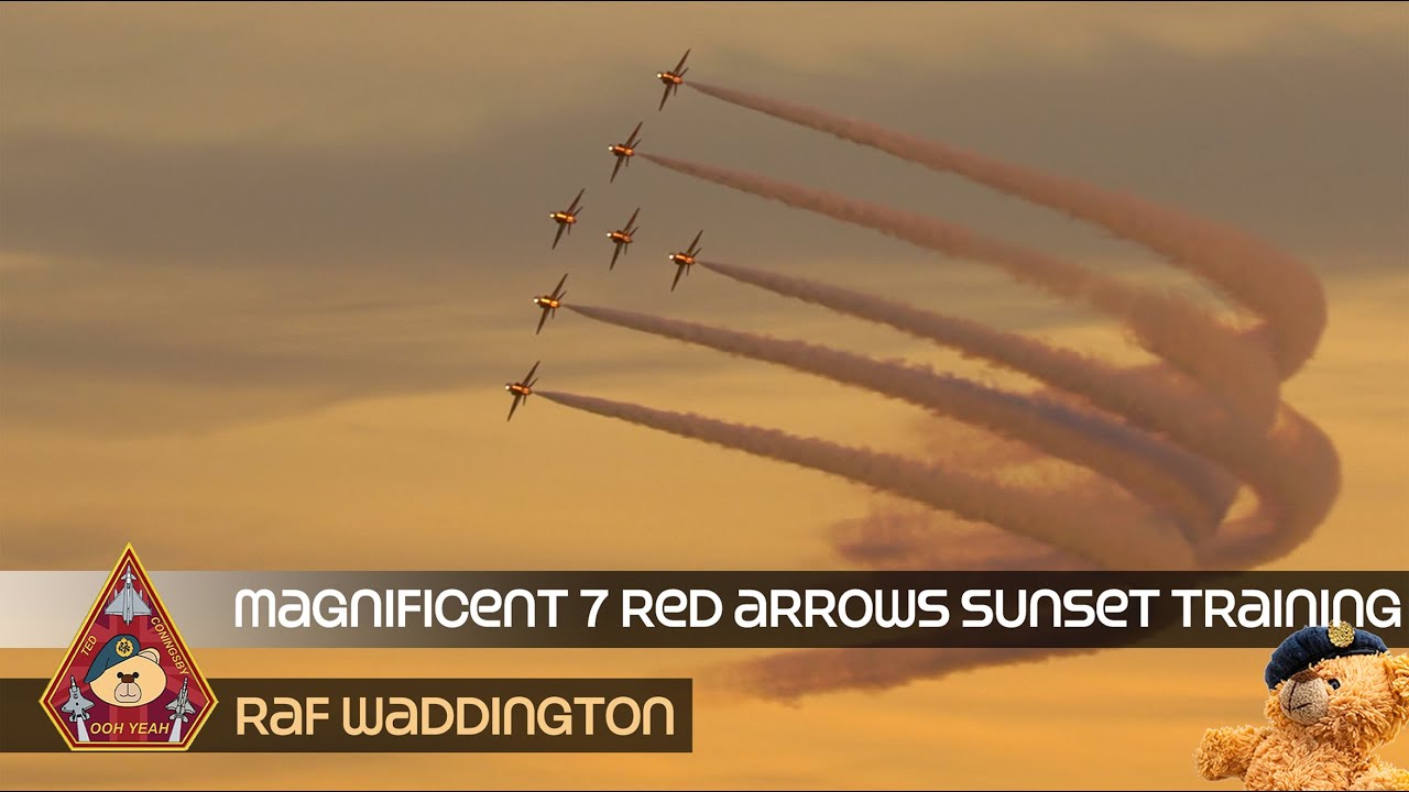 MAGNIFICENT 7 RED ARROWS SUNSET DEMO TRAINING • ROYAL AIR FORCE AEROBATICS TEAM RAF WADDINGTON