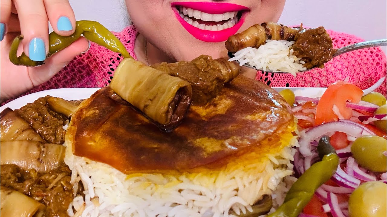 Asmr eating rice with meat stew and eggplants| موکبانگ خورشت گوشت لاپلو با بادمجون