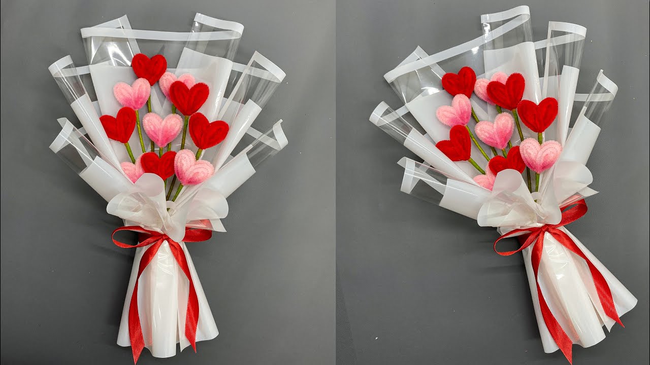 DIY Valentine&rsquo;s Gift Idea | Make a Very Beautiful Mini Heart Bouquet With Pipe Cleaner is Very Easy