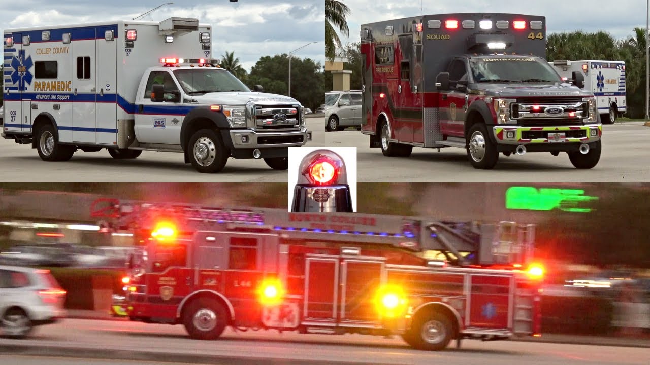 Naples Fire Engines and EMS Ambulances Responding Lights and Sirens