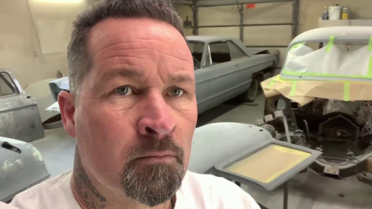 Auto Body: 1957 Chevy spraying primer, block sanding, body work