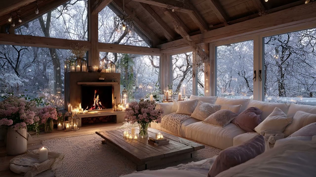 Winter Relaxation Vibes: Relaxing Piano Music, Snowy Cabin and Warm Fireplace Sounds
