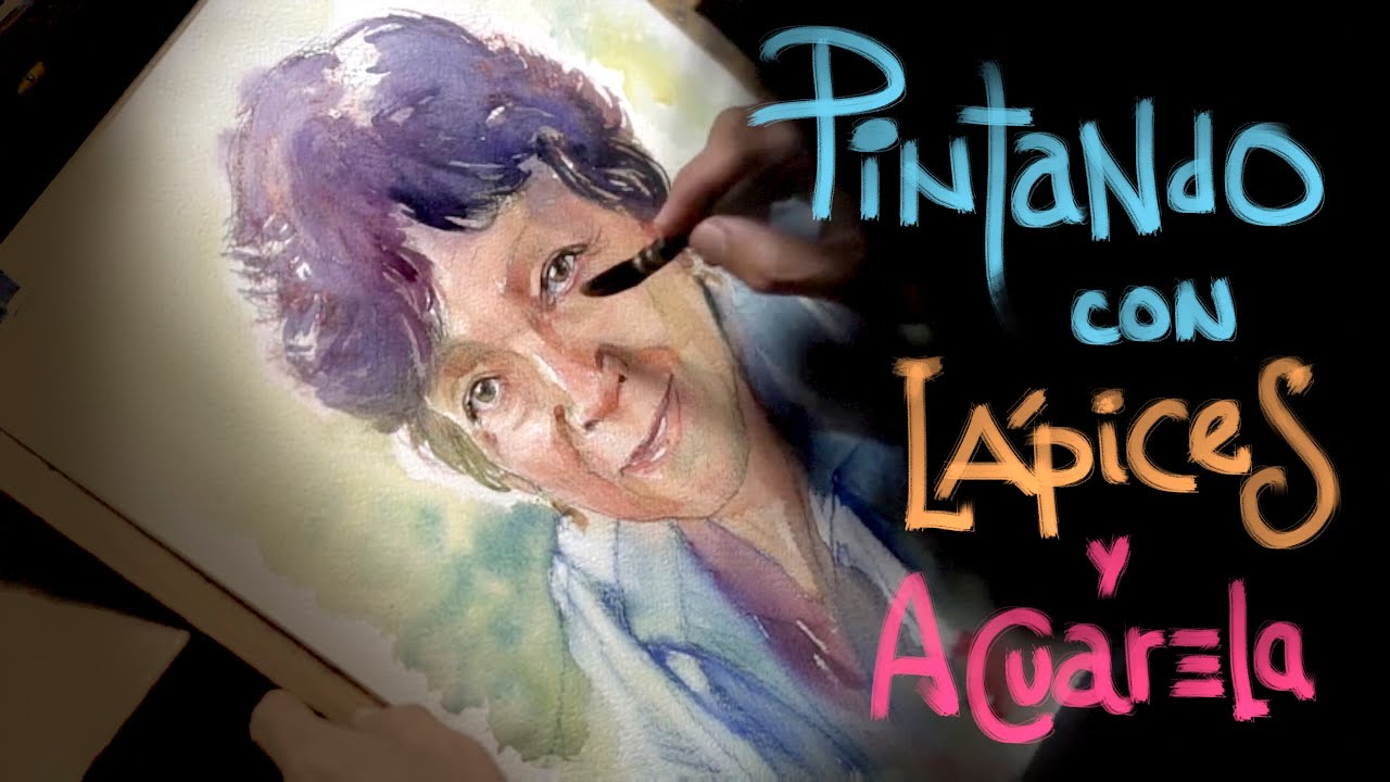 Proceso de pintura de retrato con lápices acuarelables y acuarela