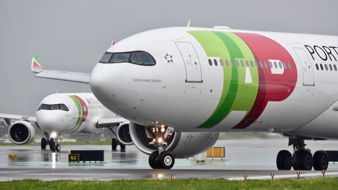 INTENSE SPRAY WET RUNWAY! Up Close Morning Takeoffs at Lisbon Airport